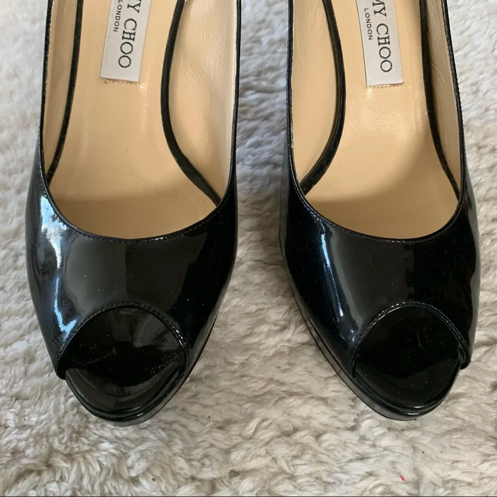 Jimmy Choo Black Nova Peep Toe Slingback Patent Heels - Picture 7 of 15